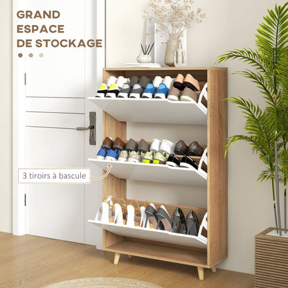 3-Door Shoe Cabinet, Shoe Rack with Adjustable Shelf, 72W x 24D x 119H cm, Natural and White