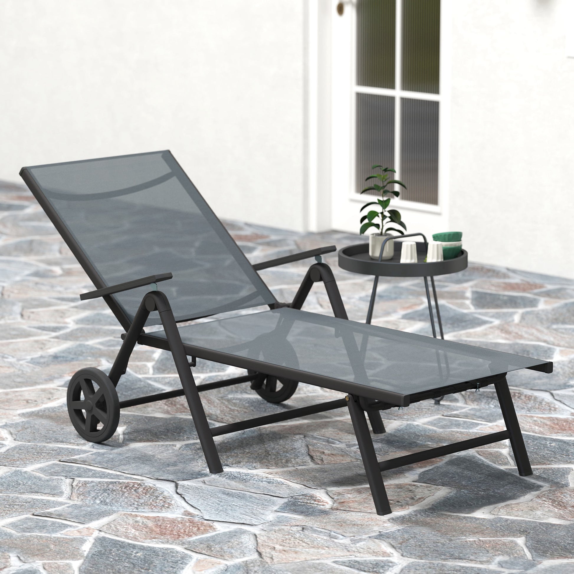 Folding Sun Lounger with Wheels and Adjustable Backrest in 5 Levels, Breathable Textilene 550g/m² Garden Lounger for Beach Pool Garden, 72x158x84cm, Gray