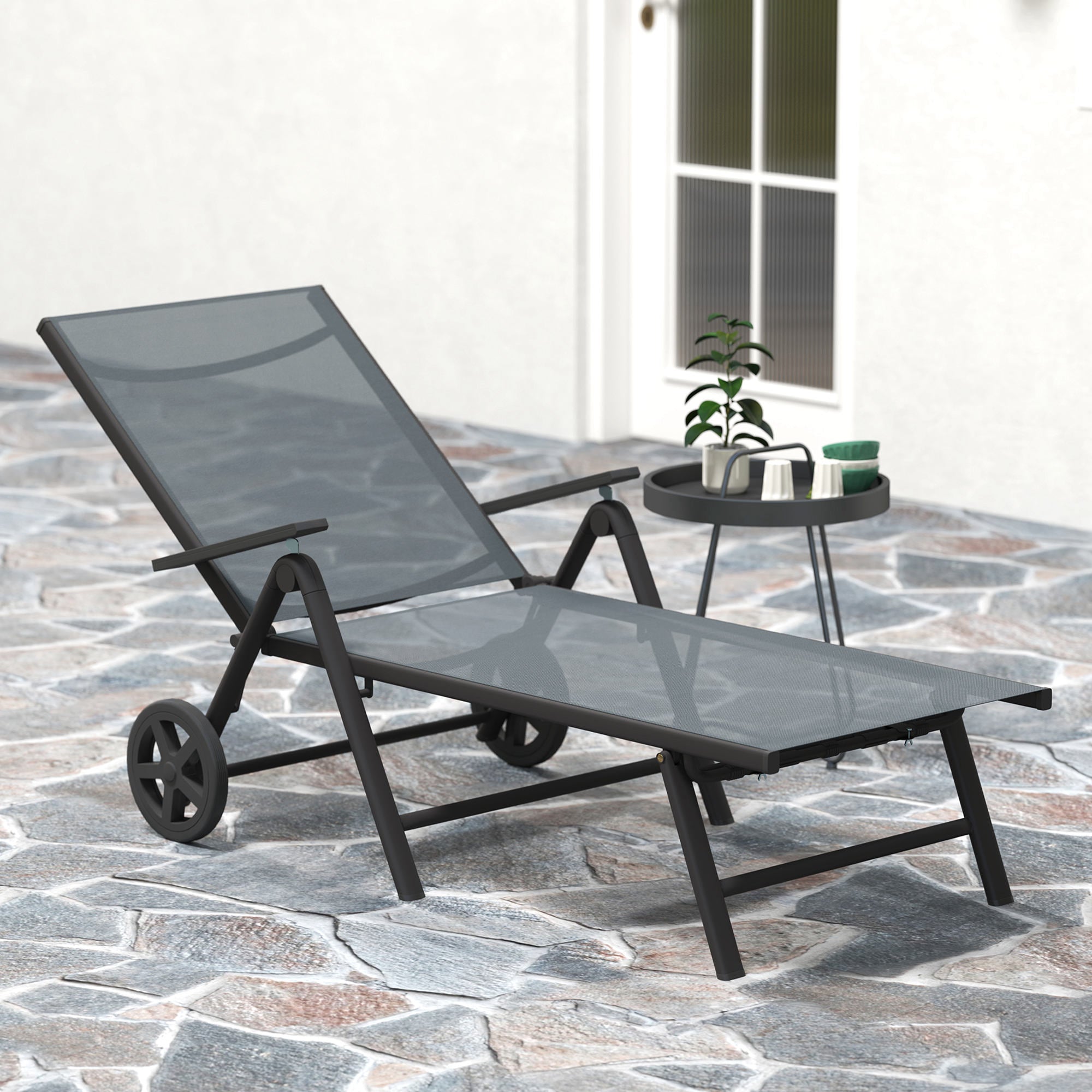 Folding Sun Lounger with Wheels and Adjustable Backrest in 5 Levels, Breathable Textilene 550g/m² Garden Lounger for Beach Pool Garden, 72x158x84cm, Gray