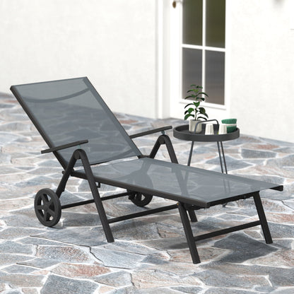 Folding Sun Lounger with Wheels and Adjustable Backrest in 5 Levels, Breathable Textilene 550g/m² Garden Lounger for Beach Pool Garden, 72x158x84cm, Gray