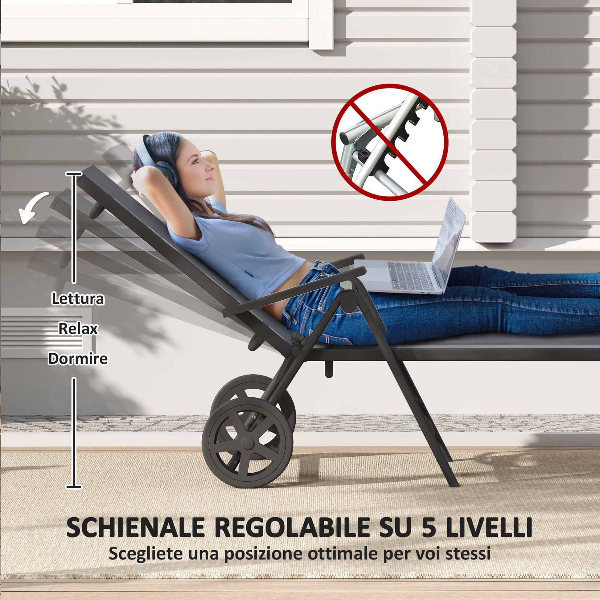 Folding Sun Lounger with Wheels and Adjustable Backrest in 5 Levels, Breathable Textilene 550g/m² Garden Lounger for Beach Pool Garden, 72x158x84cm, Gray