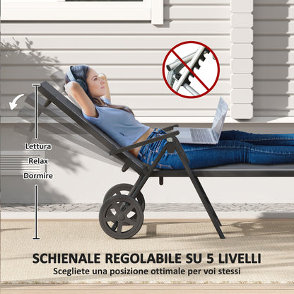Folding Sun Lounger with Wheels and Adjustable Backrest in 5 Levels, Breathable Textilene 550g/m² Garden Lounger for Beach Pool Garden, 72x158x84cm, Gray