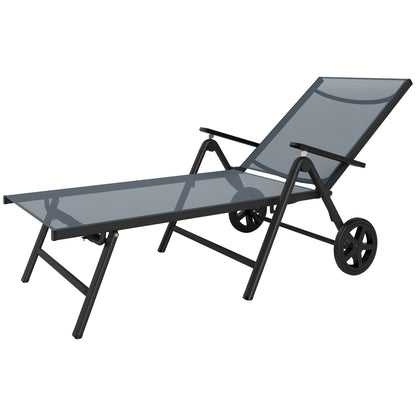 Folding Sun Lounger with Wheels and Adjustable Backrest in 5 Levels, Breathable Textilene 550g/m² Garden Lounger for Beach Pool Garden, 72x158x84cm, Gray