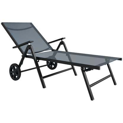 Folding Sun Lounger with Wheels and Adjustable Backrest in 5 Levels, Breathable Textilene 550g/m² Garden Lounger for Beach Pool Garden, 72x158x84cm, Gray