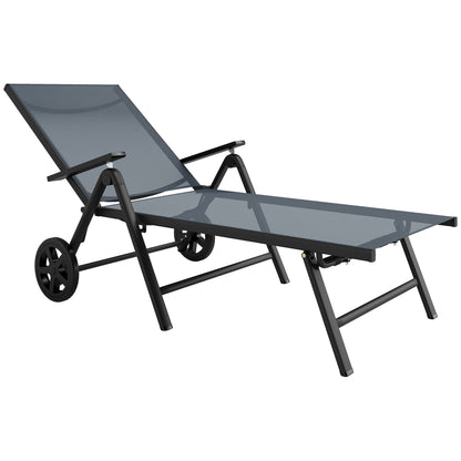 Folding Sun Lounger with Wheels and Adjustable Backrest in 5 Levels, Breathable Textilene 550g/m² Garden Lounger for Beach Pool Garden, 72x158x84cm, Gray