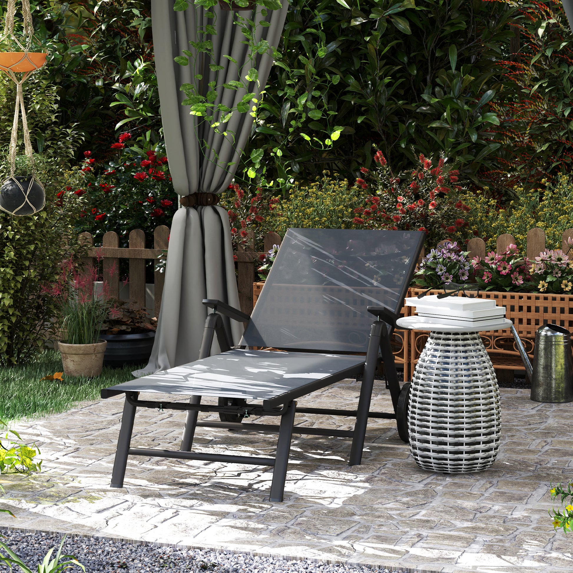 Folding Sun Lounger with Wheels and Adjustable Backrest in 5 Levels, Breathable Textilene 550g/m² Garden Lounger for Beach Pool Garden, 72x158x84cm, Gray