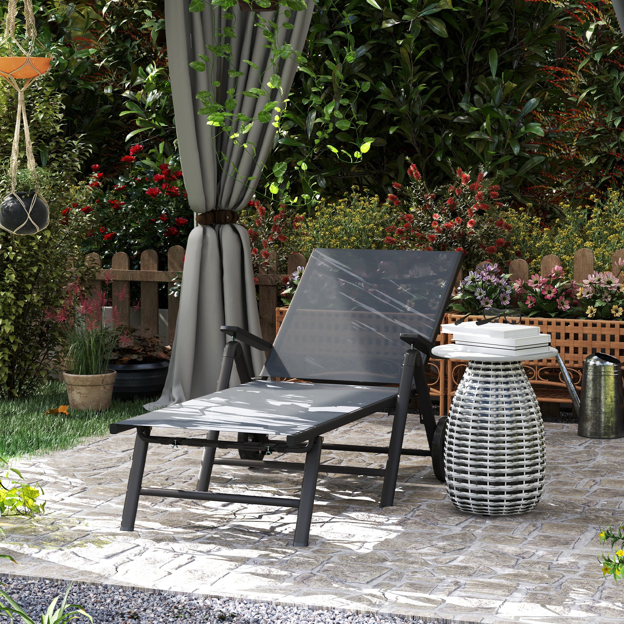 Folding Sun Lounger with Wheels and Adjustable Backrest in 5 Levels, Breathable Textilene 550g/m² Garden Lounger for Beach Pool Garden, 72x158x84cm, Gray