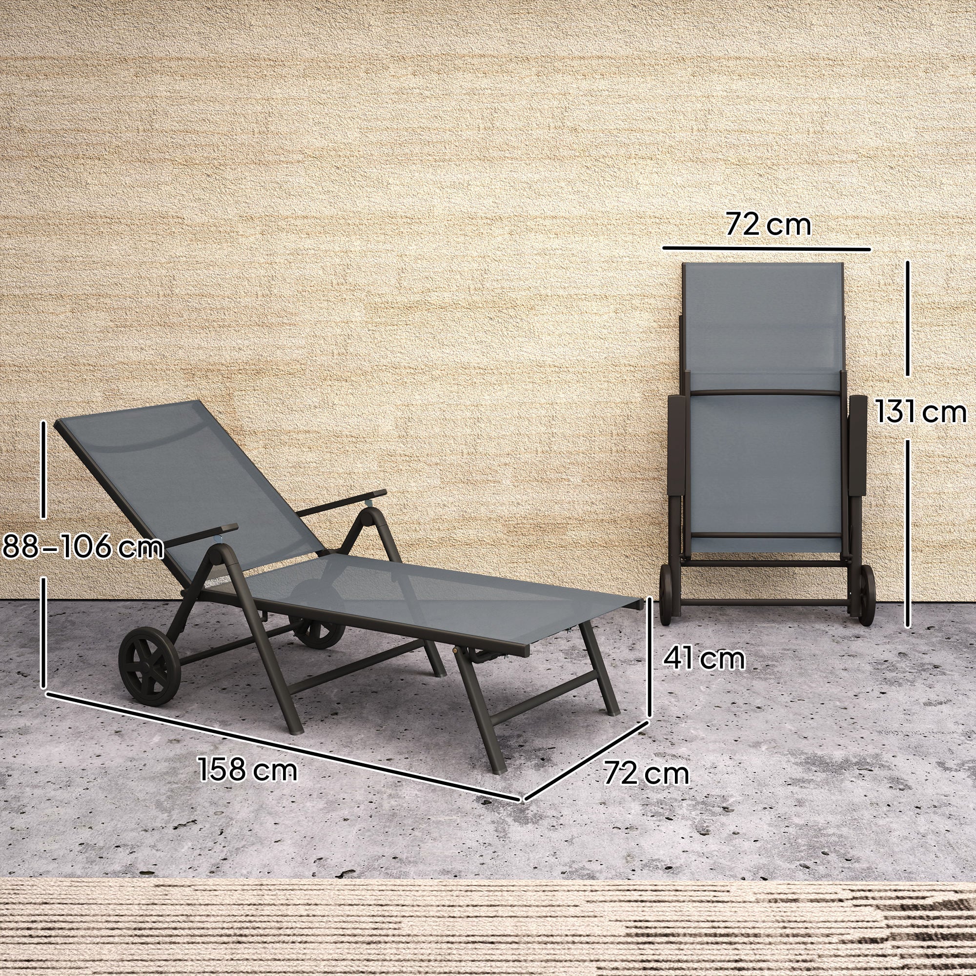 Folding Sun Lounger with Wheels and Adjustable Backrest in 5 Levels, Breathable Textilene 550g/m² Garden Lounger for Beach Pool Garden, 72x158x84cm, Gray
