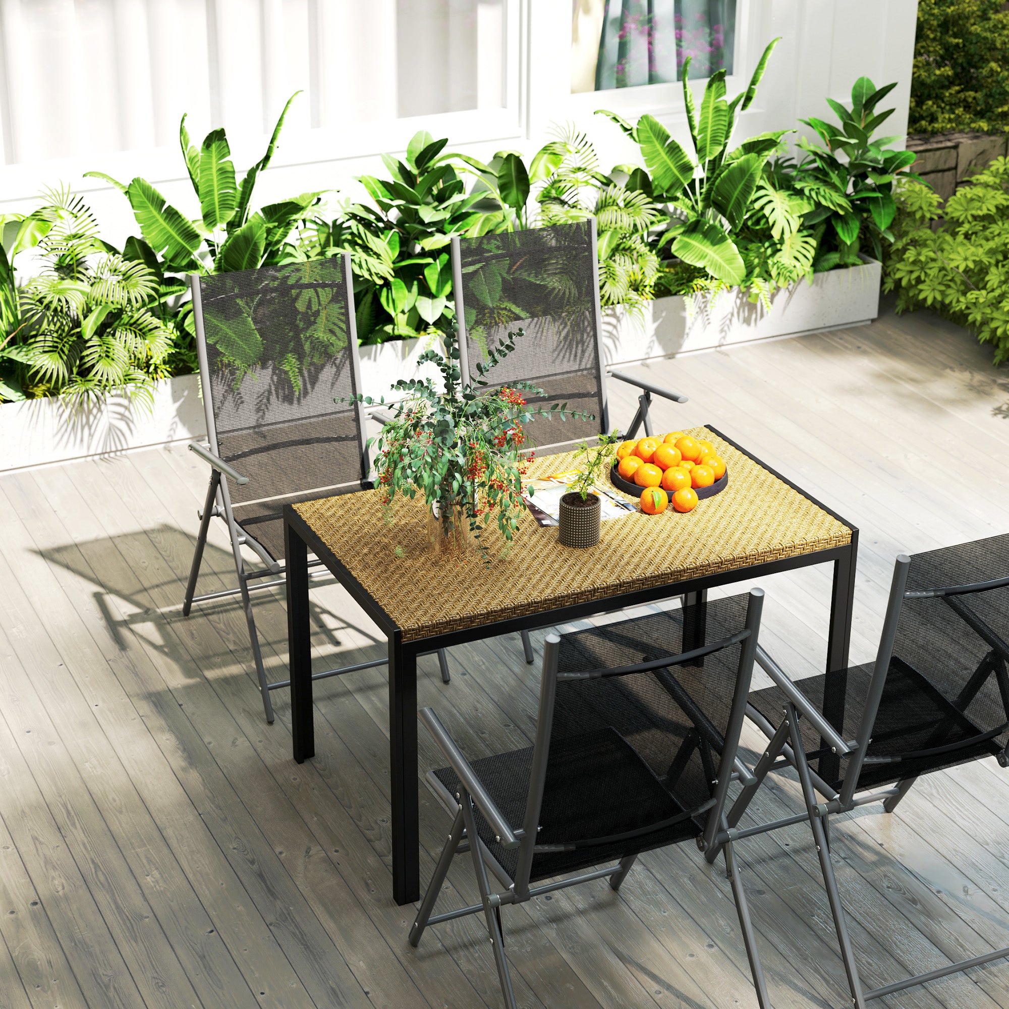 Rectangular Garden Table, Dining Table for 4 People in Metal and Woven Resin Rattan Effect PE Top, dim. 120L x 70W x 72H cm Beige