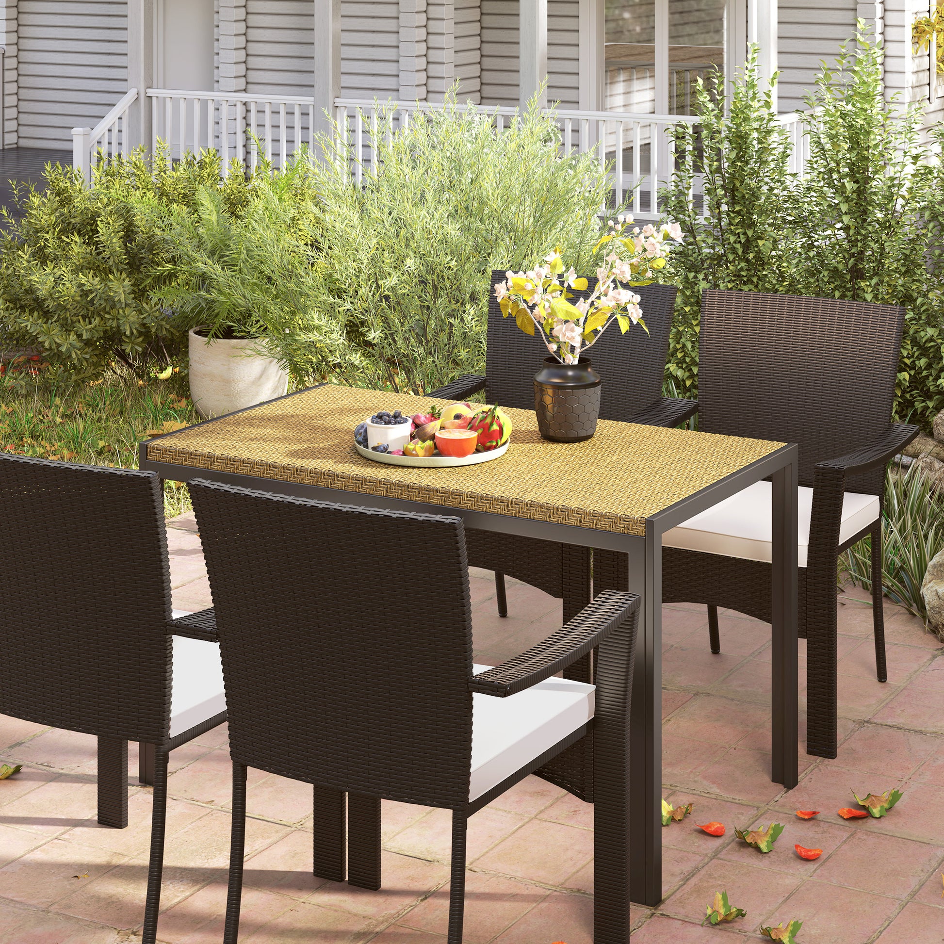 Rectangular Garden Table, Dining Table for 4 People in Metal and Woven Resin Rattan Effect PE Top, dim. 120L x 70W x 72H cm Beige