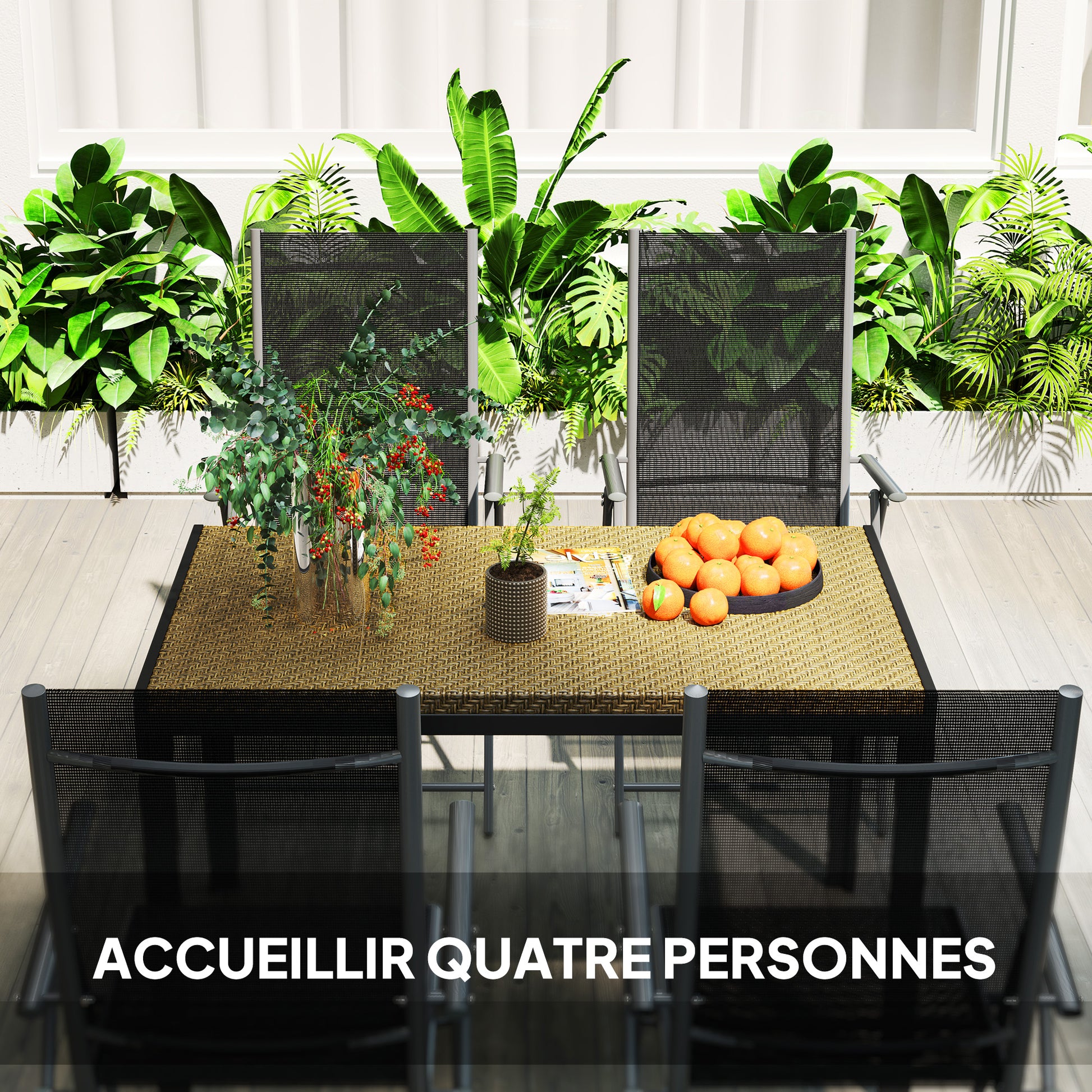 Rectangular Garden Table, Dining Table for 4 People in Metal and Woven Resin Rattan Effect PE Top, dim. 120L x 70W x 72H cm Beige