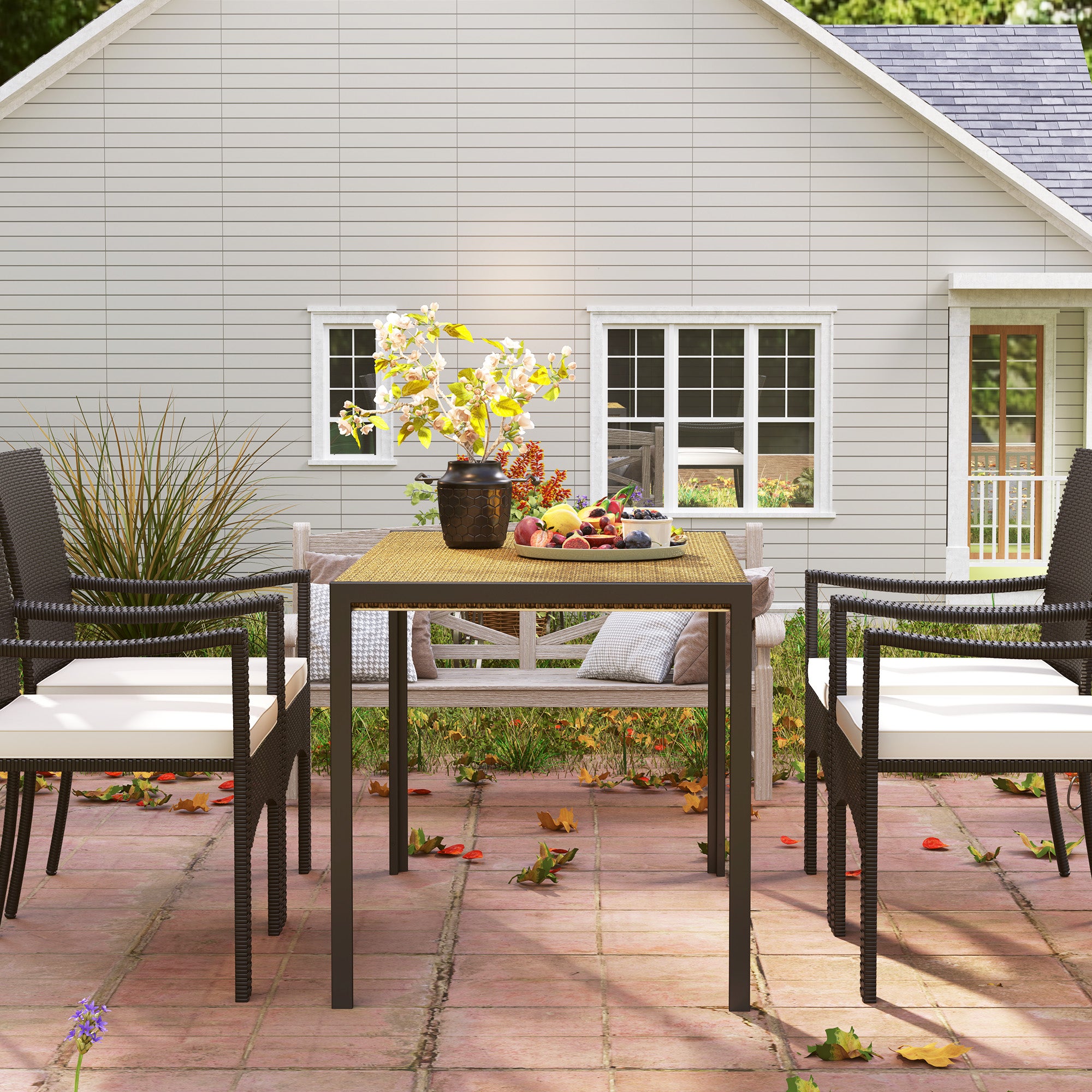 Rectangular Garden Table, Dining Table for 4 People in Metal and Woven Resin Rattan Effect PE Top, dim. 120L x 70W x 72H cm Beige