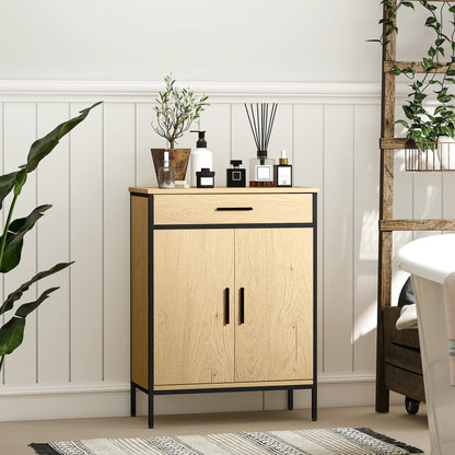 Bathroom Cabinet, Storage Cabinet with Drawer, Cupboard with Door, Adjustable Shelf and Soft-Close Hinges, Bathroom Cabinet, Kitchen, Living Room, 60 x 30 x 80 cm, Oak