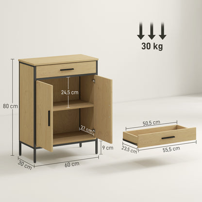 Bathroom Cabinet, Storage Cabinet with Drawer, Cupboard with Door, Adjustable Shelf and Soft-Close Hinges, Bathroom Cabinet, Kitchen, Living Room, 60 x 30 x 80 cm, Oak