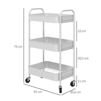 Trolley Cart with 3 Shelves, Kitchen Cart, Storage Cart, Side Table for Kitchen, Living Room, Steel, White
