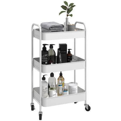 Trolley Cart with 3 Shelves, Kitchen Cart, Storage Cart, Side Table for Kitchen, Living Room, Steel, White