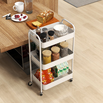 Trolley Cart with 3 Shelves, Kitchen Cart, Storage Cart, Side Table for Kitchen, Living Room, Steel, White