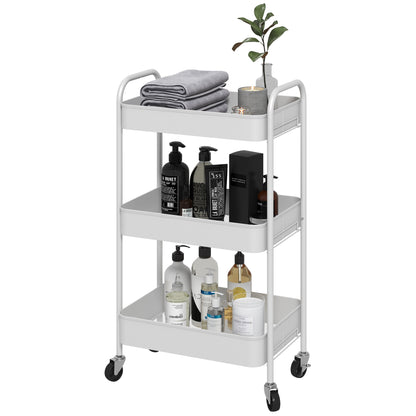 Trolley Cart with 3 Shelves, Kitchen Cart, Storage Cart, Side Table for Kitchen, Living Room, Steel, White