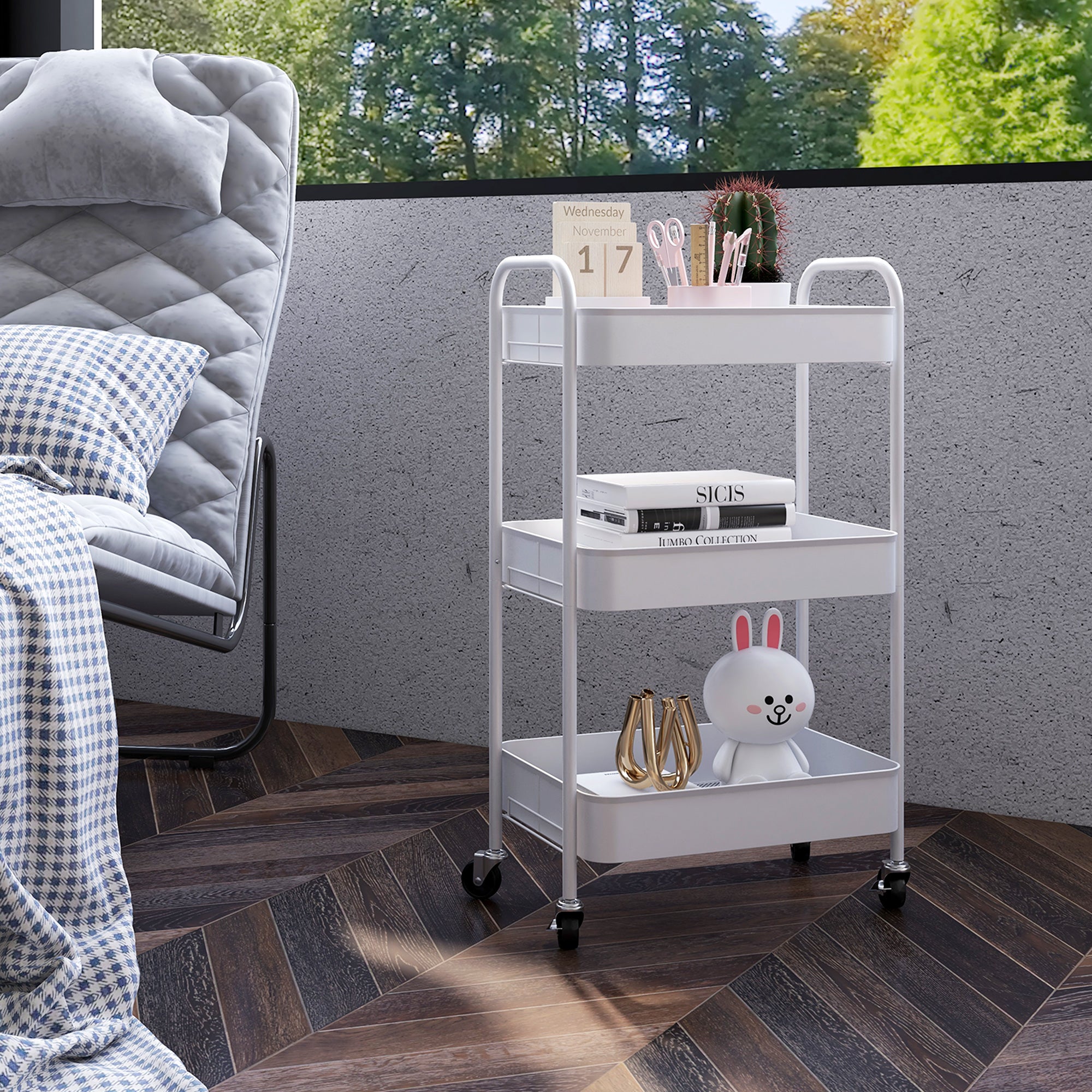 Trolley Cart with 3 Shelves, Kitchen Cart, Storage Cart, Side Table for Kitchen, Living Room, Steel, White
