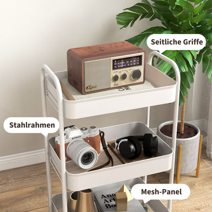 Trolley Cart with 3 Shelves, Kitchen Cart, Storage Cart, Side Table for Kitchen, Living Room, Steel, White