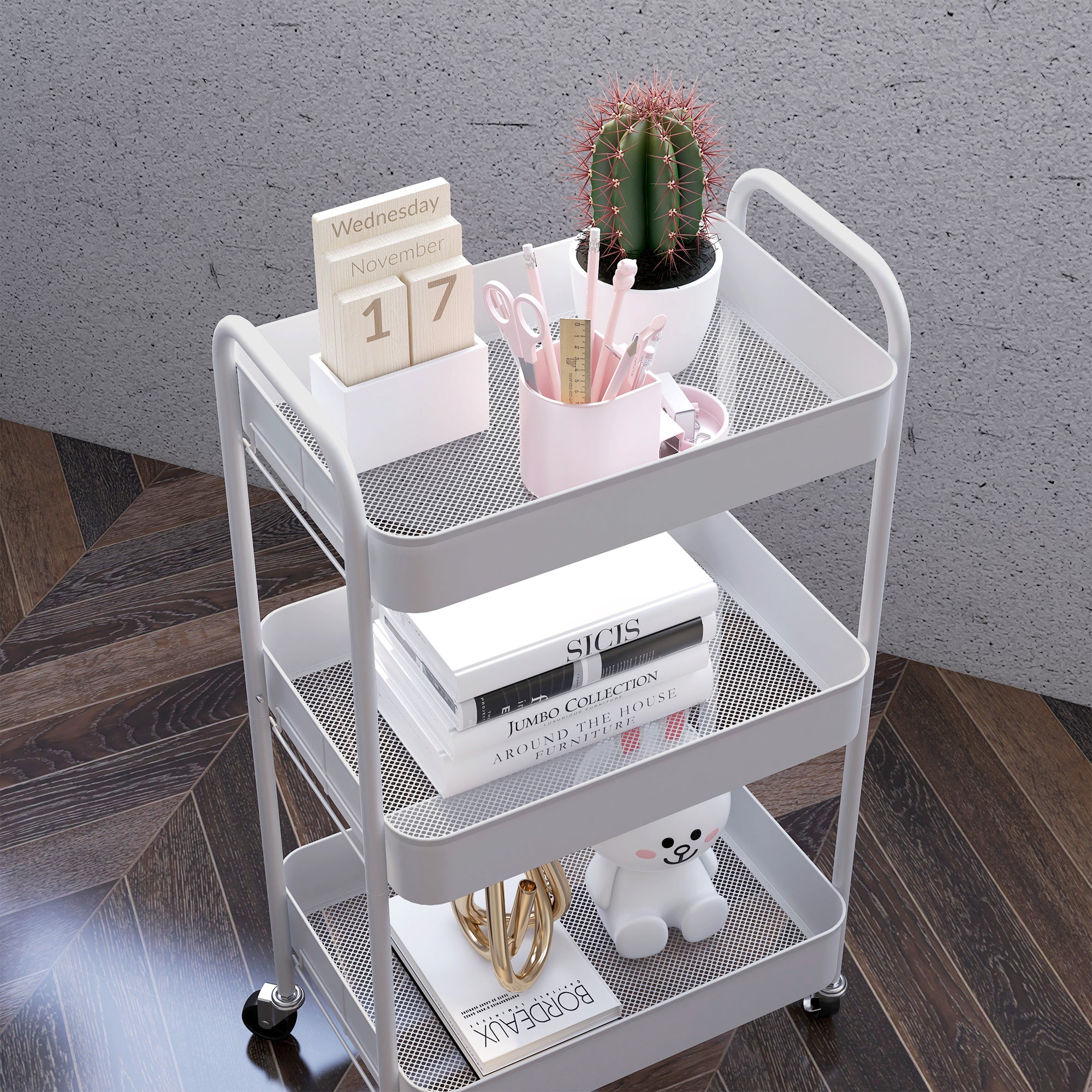 Trolley Cart with 3 Shelves, Kitchen Cart, Storage Cart, Side Table for Kitchen, Living Room, Steel, White