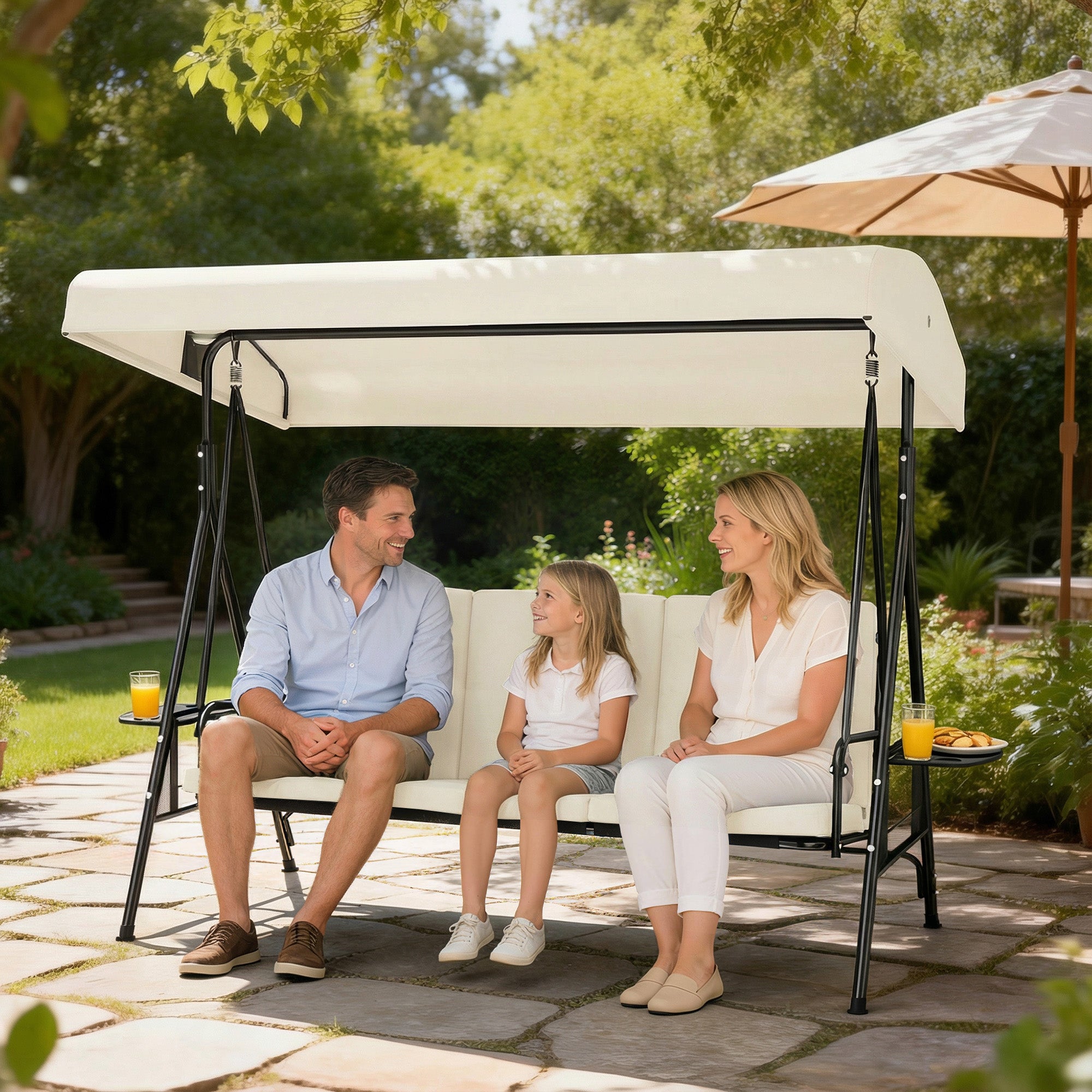 3-Seater Garden Swing — Adjustable Canopy, 2 Side Tables & Cushions, Steel/Polyester, Cream