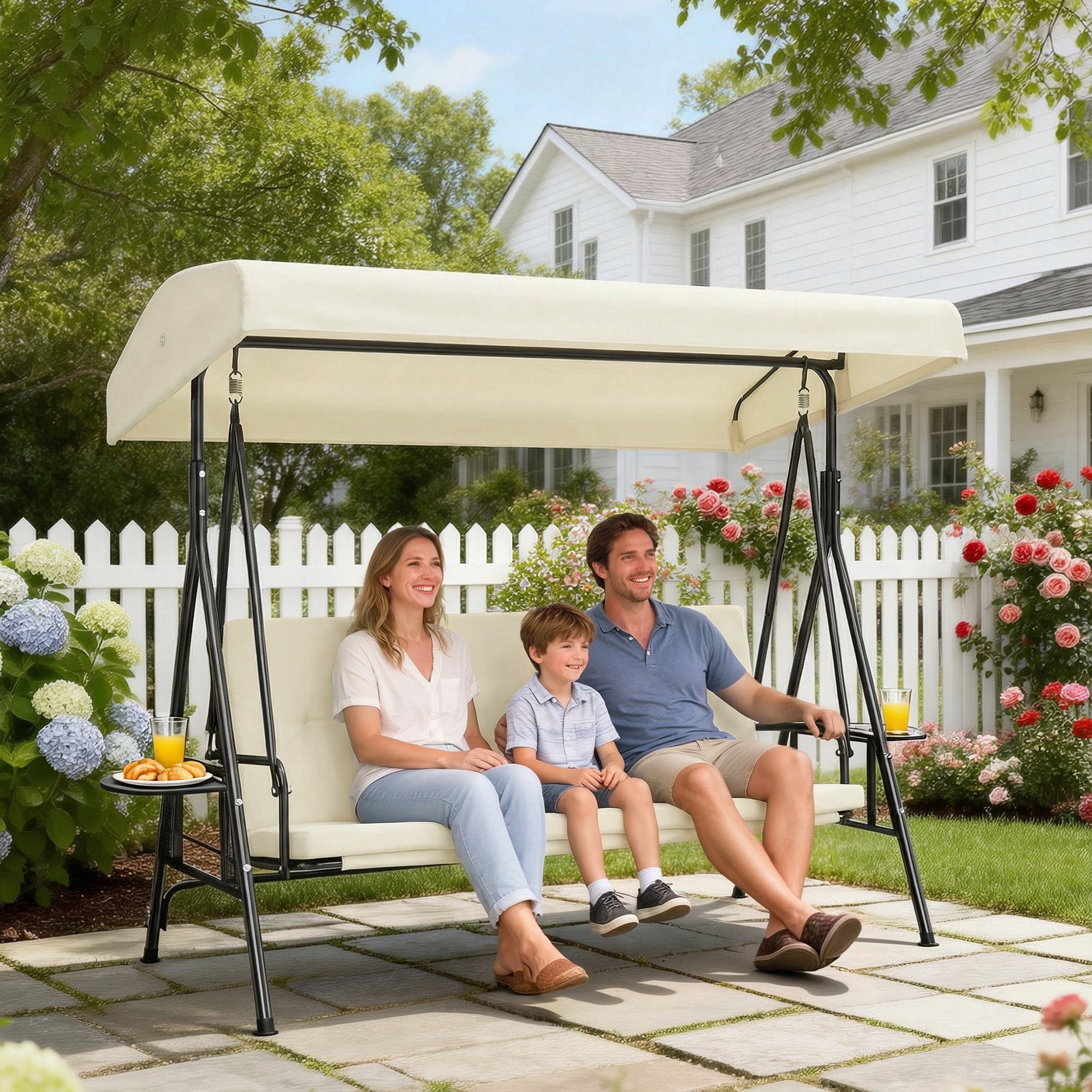 3-Seater Garden Swing — Adjustable Canopy, 2 Side Tables & Cushions, Steel/Polyester, Cream