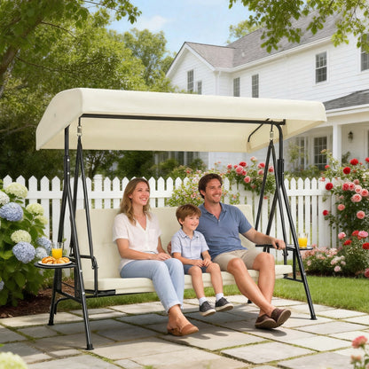 3-Seater Garden Swing — Adjustable Canopy, 2 Side Tables & Cushions, Steel/Polyester, Cream