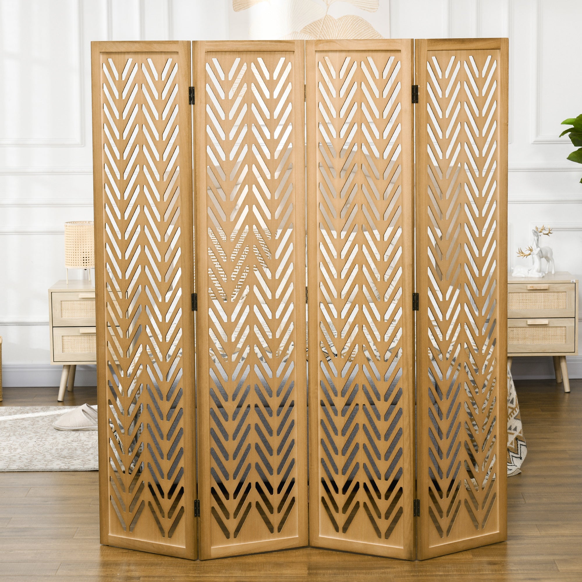 Wooden Lattice Room Divider Interior Folding Partition 4 Panels Natural Wood 160 x 170 cm