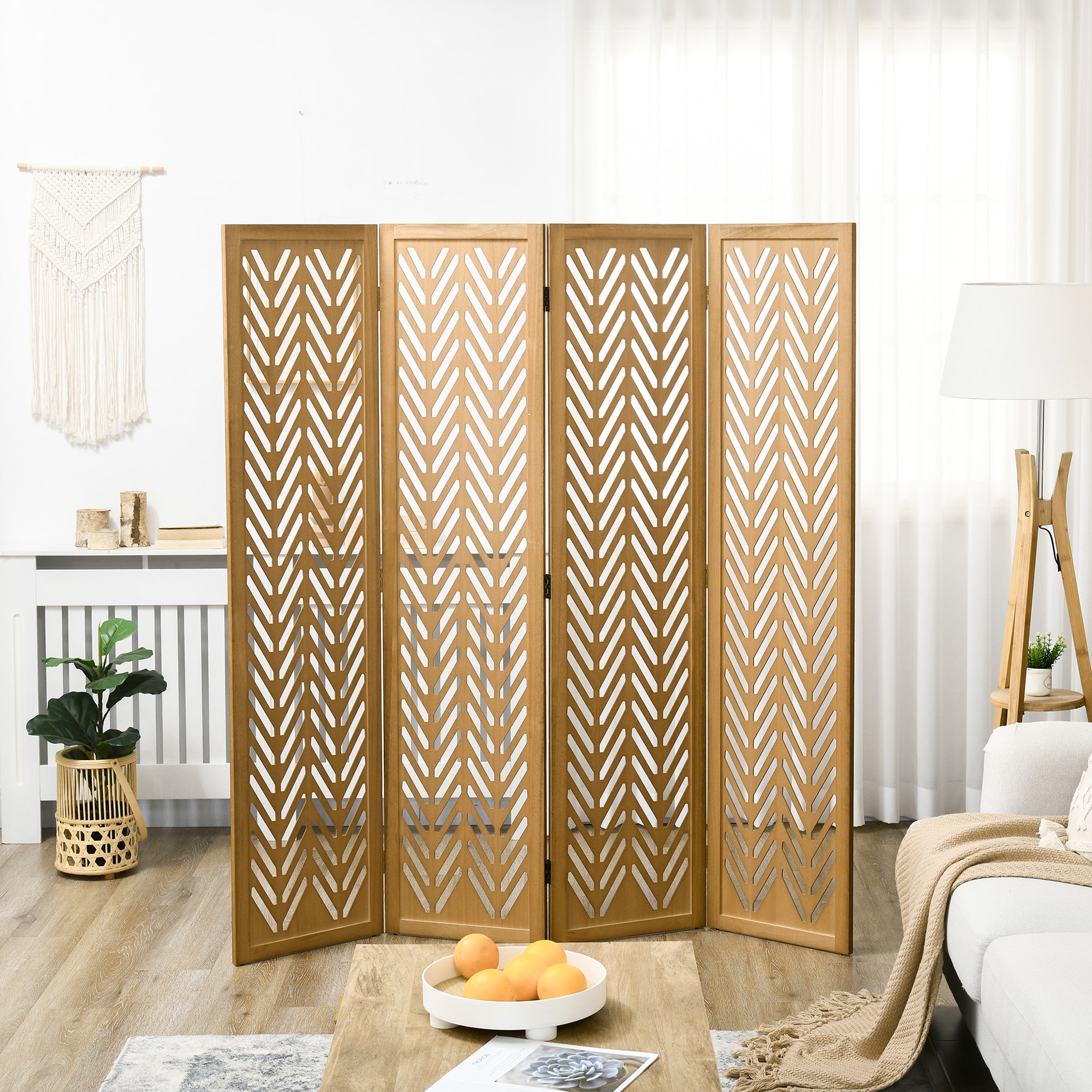 Wooden Lattice Room Divider Interior Folding Partition 4 Panels Natural Wood 160 x 170 cm
