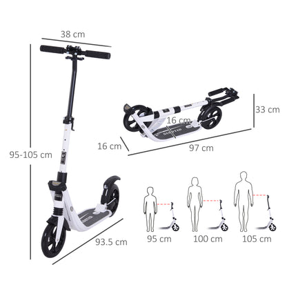 Folding Scooter for Adults and Kids 14+ Lightweight Scooter with Adjustable Handlebar Skateboard Style with Brake Big 200 mm Wheels Shock Absorber Aluminum Load 100 kg White