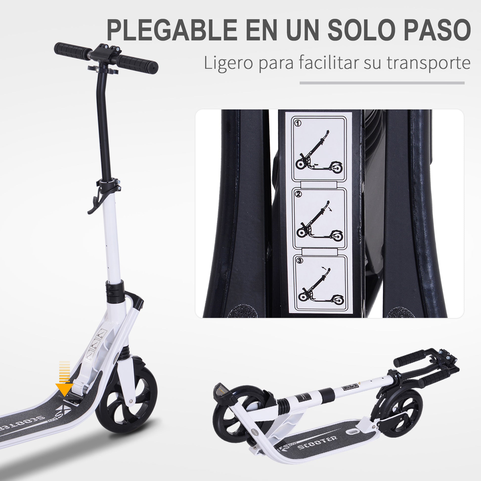 Folding Scooter for Adults and Kids 14+ Lightweight Scooter with Adjustable Handlebar Skateboard Style with Brake Big 200 mm Wheels Shock Absorber Aluminum Load 100 kg White