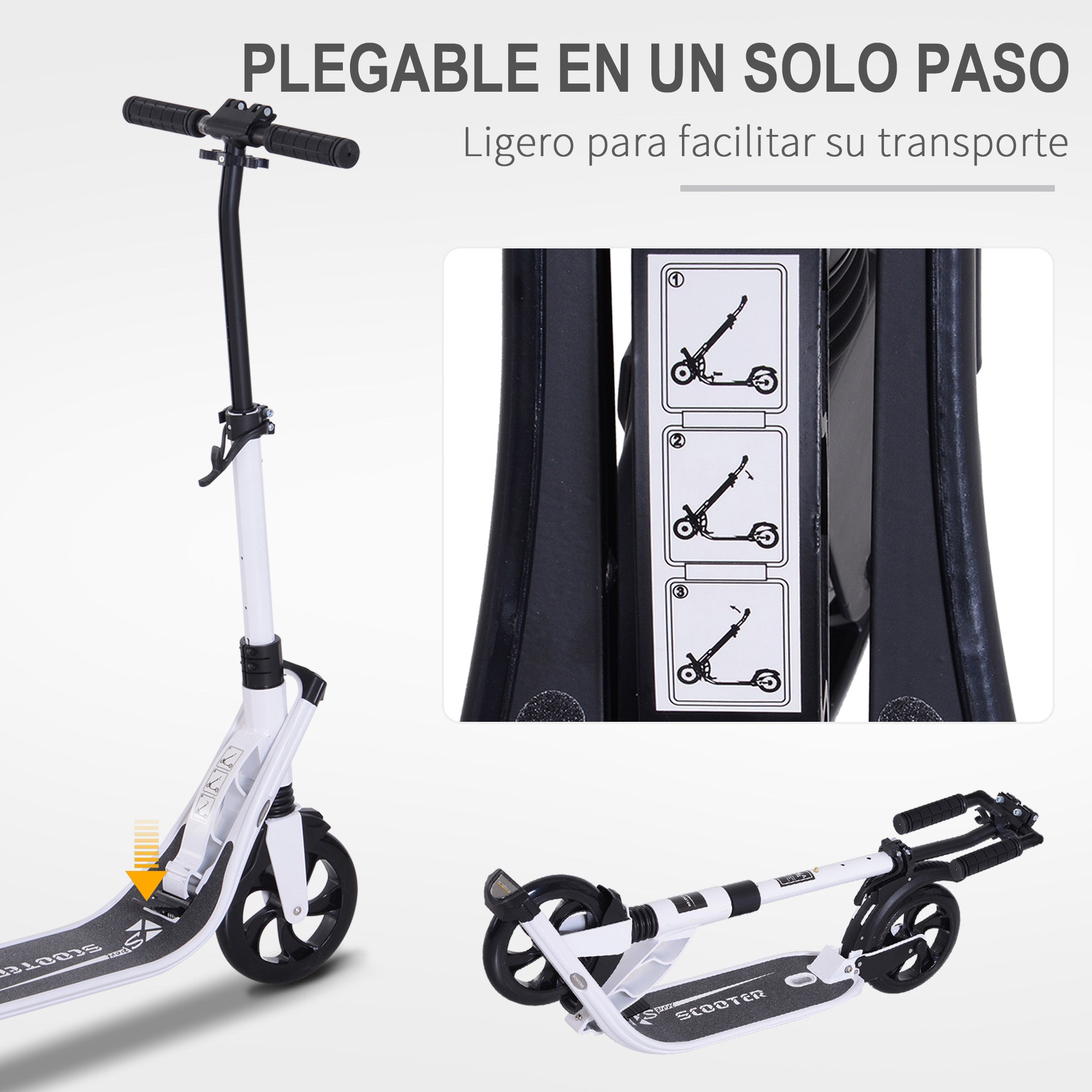Folding Scooter for Adults and Kids 14+ Lightweight Scooter with Adjustable Handlebar Skateboard Style with Brake Big 200 mm Wheels Shock Absorber Aluminum Load 100 kg White