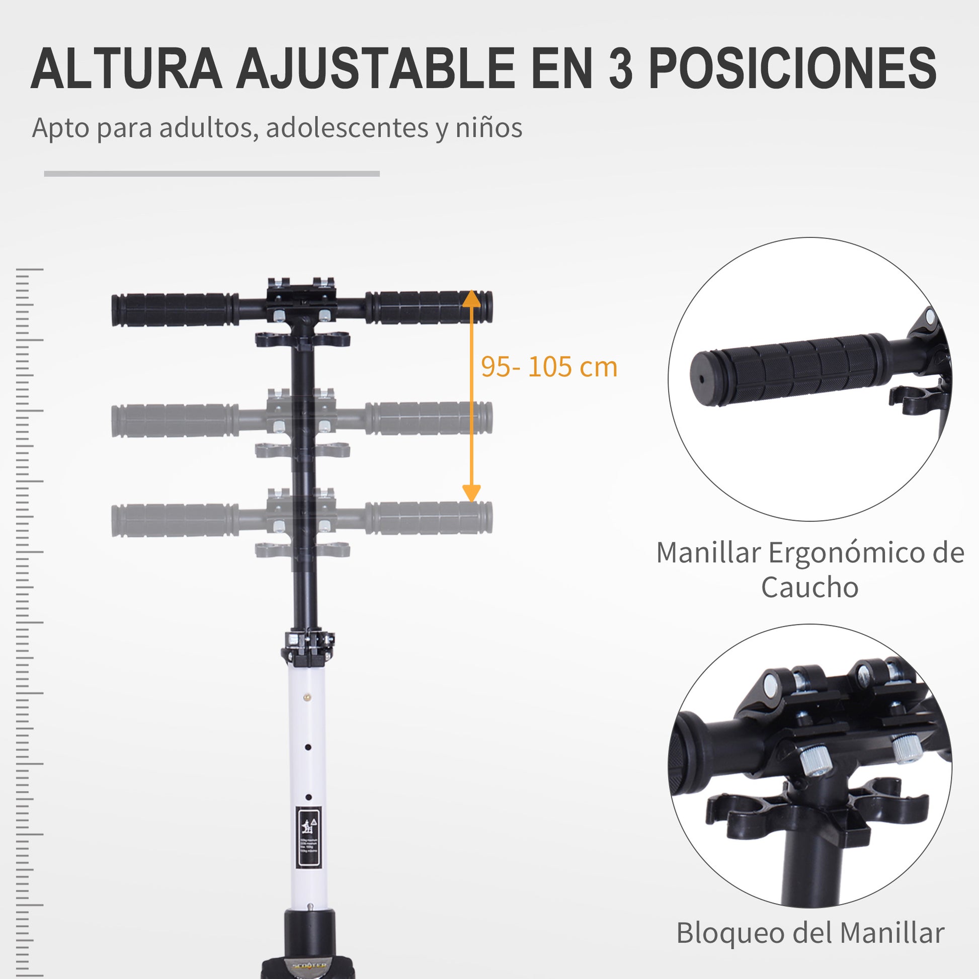Folding Scooter for Adults and Kids 14+ Lightweight Scooter with Adjustable Handlebar Skateboard Style with Brake Big 200 mm Wheels Shock Absorber Aluminum Load 100 kg White