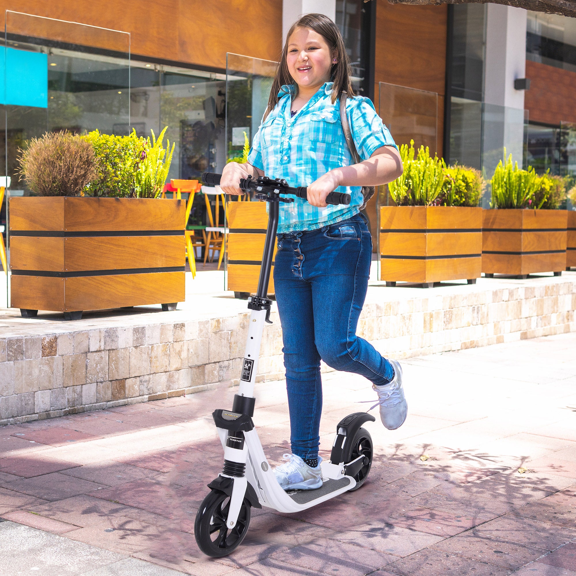 Folding Scooter for Adults and Kids 14+ Lightweight Scooter with Adjustable Handlebar Skateboard Style with Brake Big 200 mm Wheels Shock Absorber Aluminum Load 100 kg White