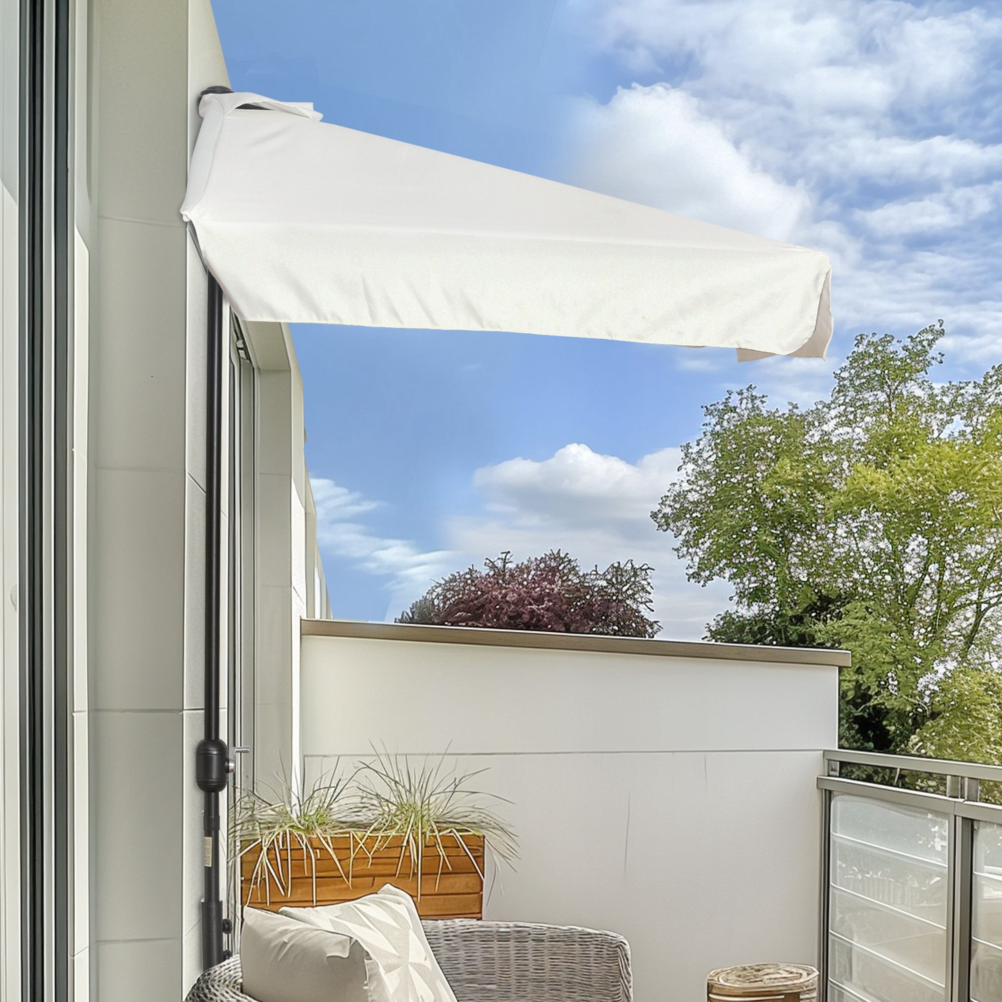 Rectangular Umbrella 230x130x249 cm Wall Parasol Half Umbrella with Crank UV Protection Waterproof Umbrella for Balcony Terrace Garden Cream