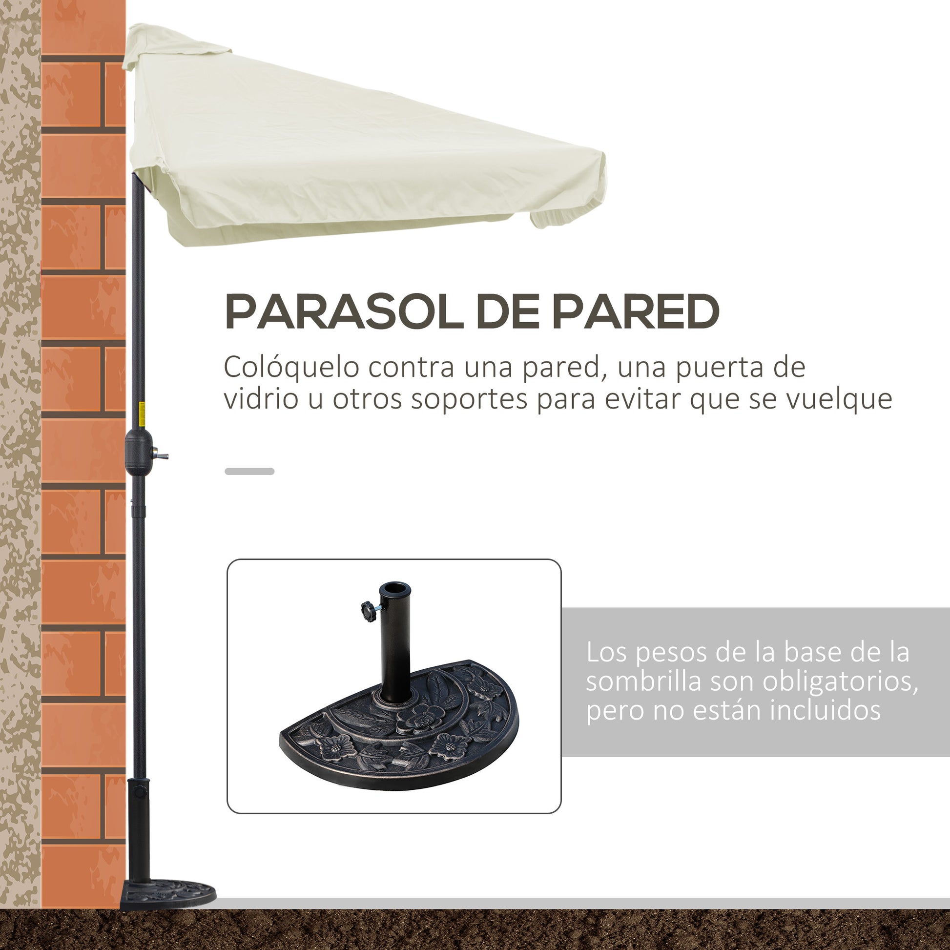 Rectangular Umbrella 230x130x249 cm Wall Parasol Half Umbrella with Crank UV Protection Waterproof Umbrella for Balcony Terrace Garden Cream