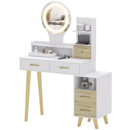 Makeup Vanity with Mirror and LED Lights Makeup Table with Adjustable Lighting 5 Drawers and 4 Compartments Vanity for Bedroom Living Room White
