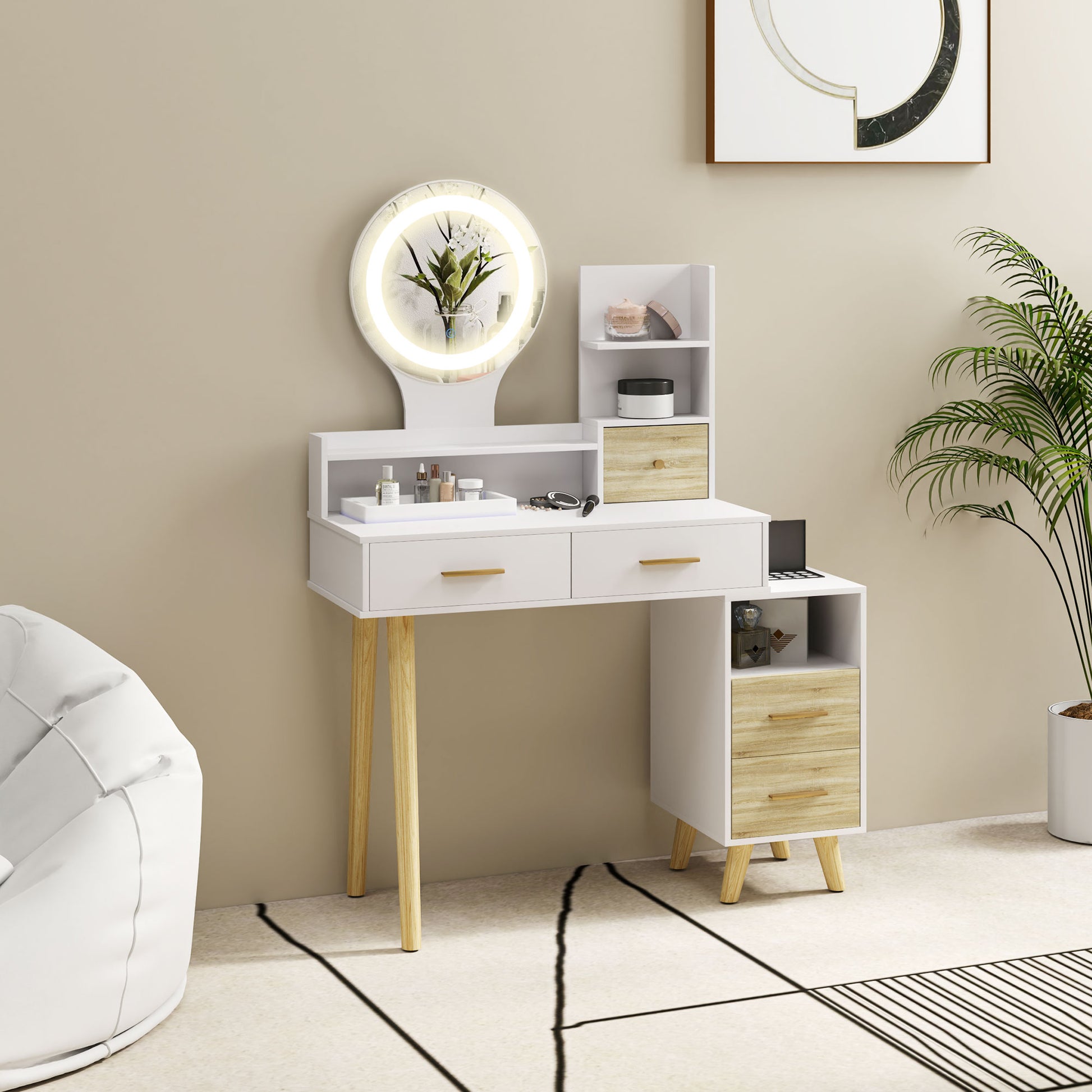 Makeup Vanity with Mirror and LED Lights Makeup Table with Adjustable Lighting 5 Drawers and 4 Compartments Vanity for Bedroom Living Room White