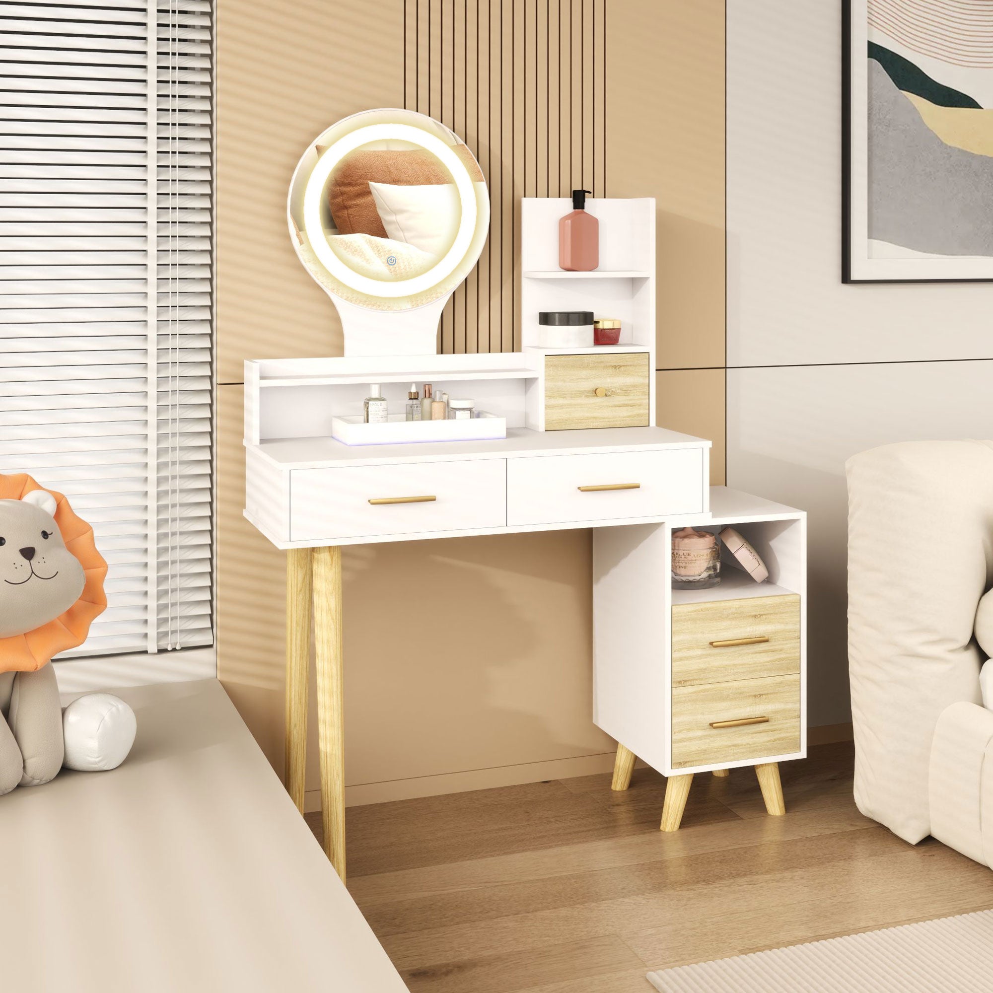 Makeup Vanity with Mirror and LED Lights Makeup Table with Adjustable Lighting 5 Drawers and 4 Compartments Vanity for Bedroom Living Room White