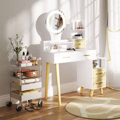 Makeup Vanity with Mirror and LED Lights Makeup Table with Adjustable Lighting 5 Drawers and 4 Compartments Vanity for Bedroom Living Room White