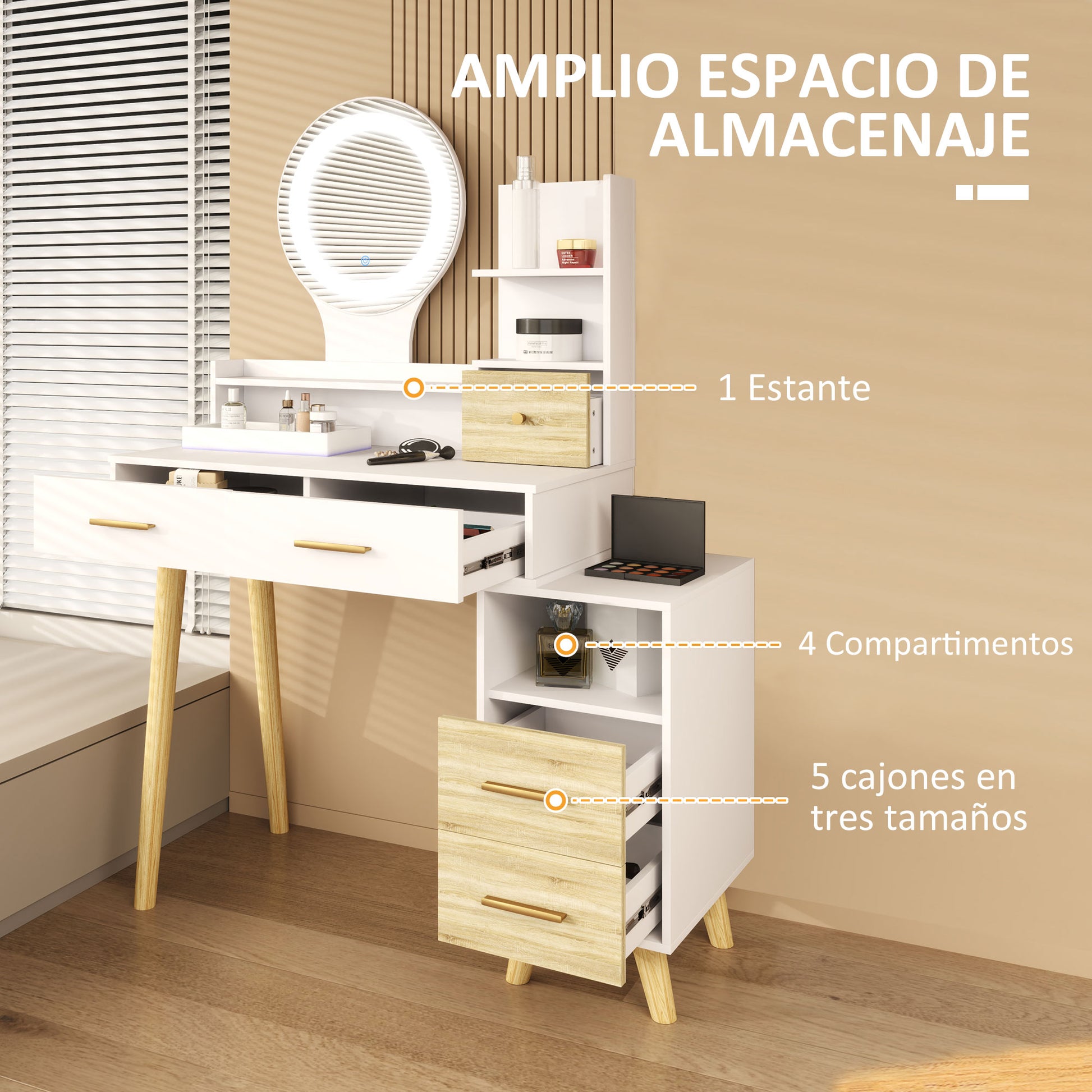 Makeup Vanity with Mirror and LED Lights Makeup Table with Adjustable Lighting 5 Drawers and 4 Compartments Vanity for Bedroom Living Room White