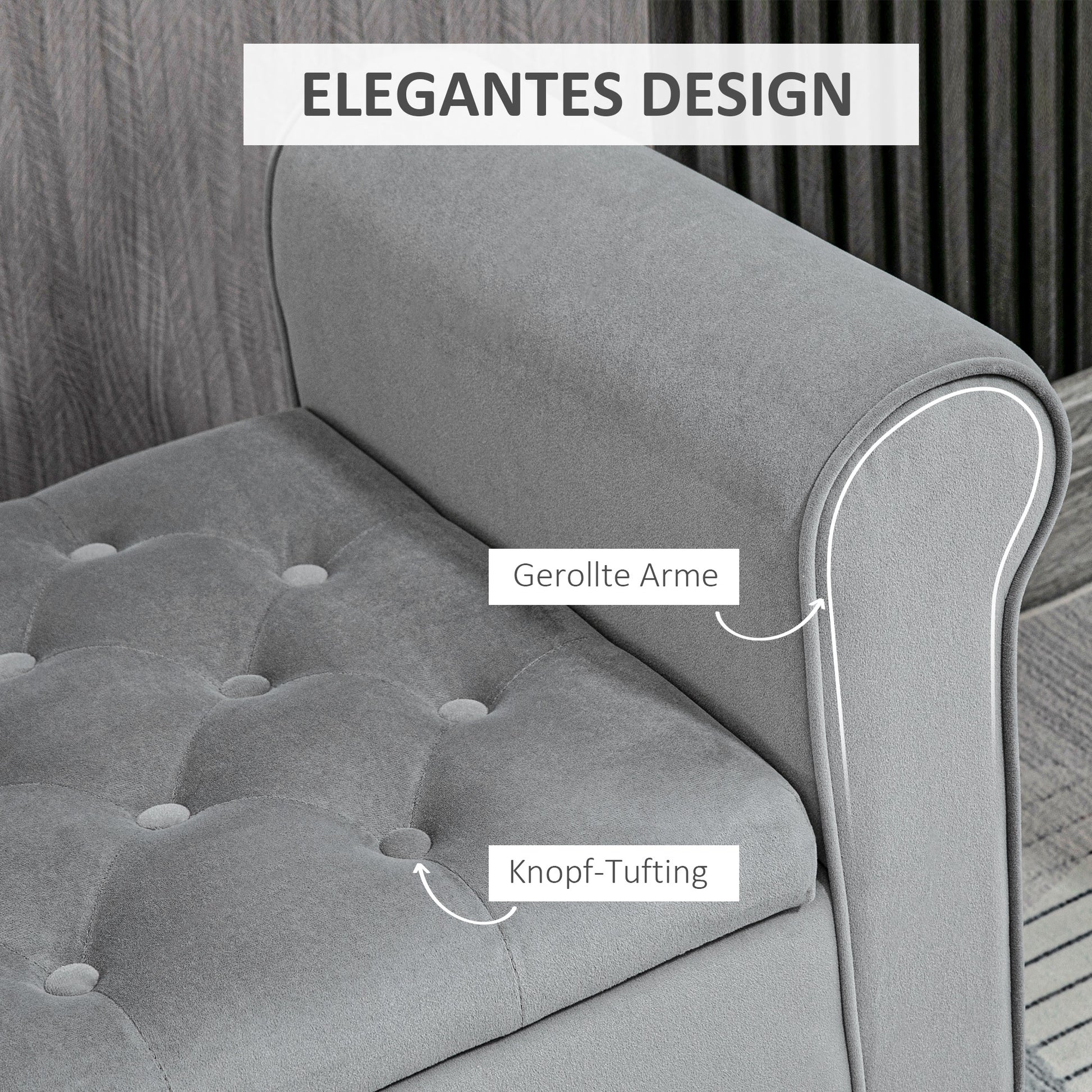 Padded Bench, Bed Bench, Seating Bench in Velvet Look, Entryway Bench with Storage for Bedroom, Supports up to 120 kg, Gray, 126 x 48.5 x 57 cm