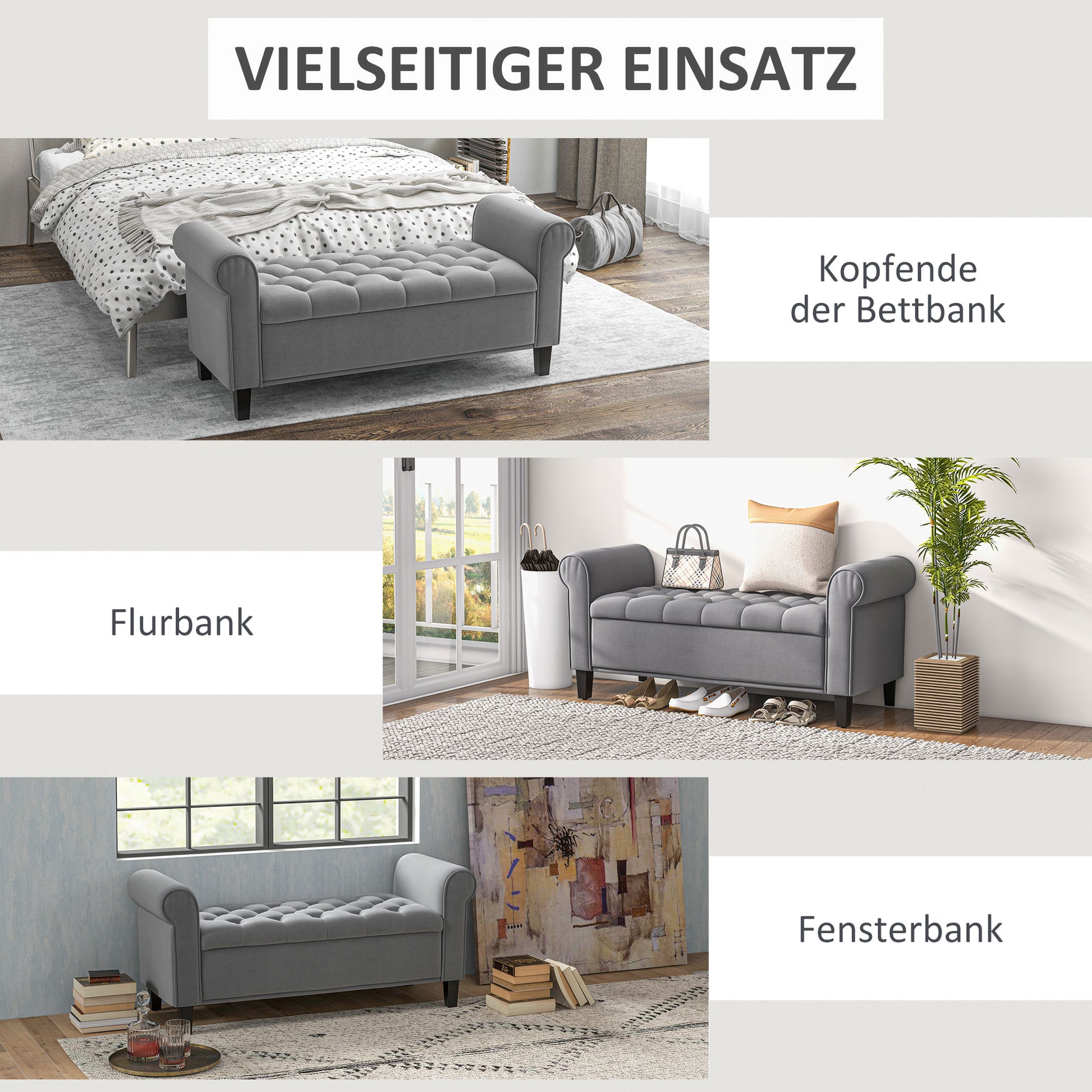 Padded Bench, Bed Bench, Seating Bench in Velvet Look, Entryway Bench with Storage for Bedroom, Supports up to 120 kg, Gray, 126 x 48.5 x 57 cm