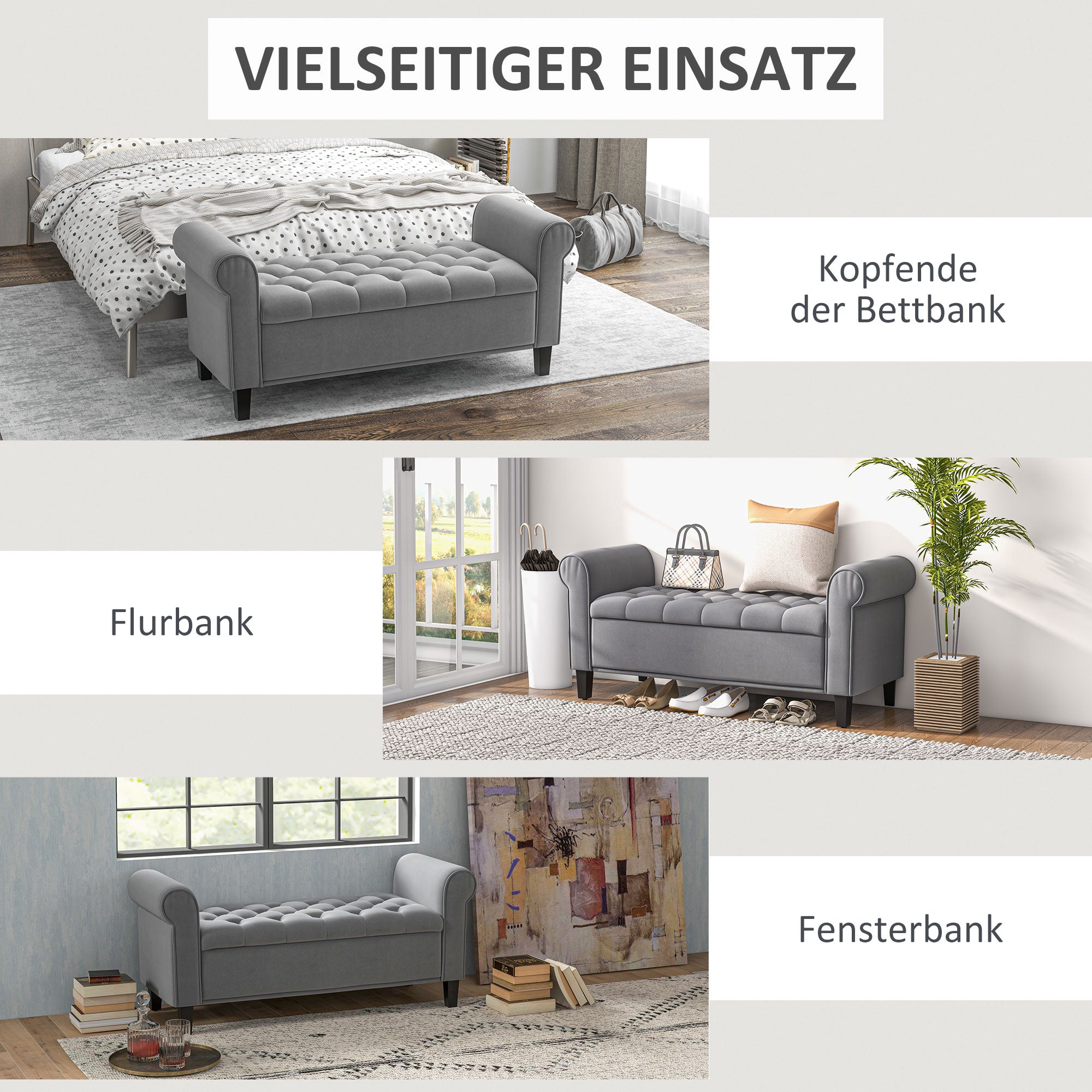 Padded Bench, Bed Bench, Seating Bench in Velvet Look, Entryway Bench with Storage for Bedroom, Supports up to 120 kg, Gray, 126 x 48.5 x 57 cm