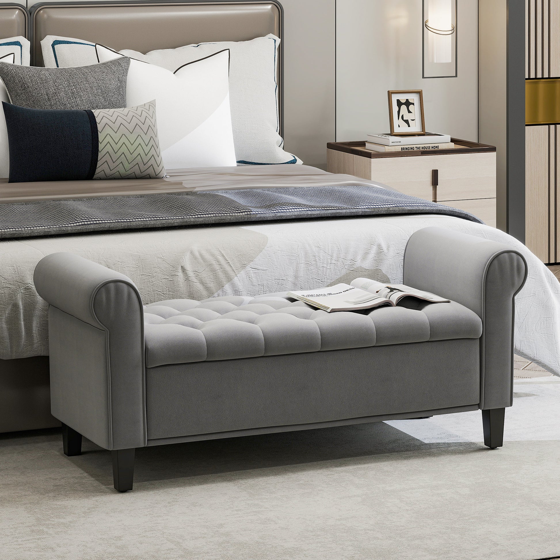 Padded Bench, Bed Bench, Seating Bench in Velvet Look, Entryway Bench with Storage for Bedroom, Supports up to 120 kg, Gray, 126 x 48.5 x 57 cm
