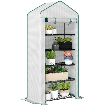 Garden Greenhouse with 5 Shelves, Balcony Greenhouse, Reinforced 135 g/m² Tarpaulin, Steel Frame, Roll-Up Zippered Door, for Vegetables Plants Flowers, 90x49x193cm, White