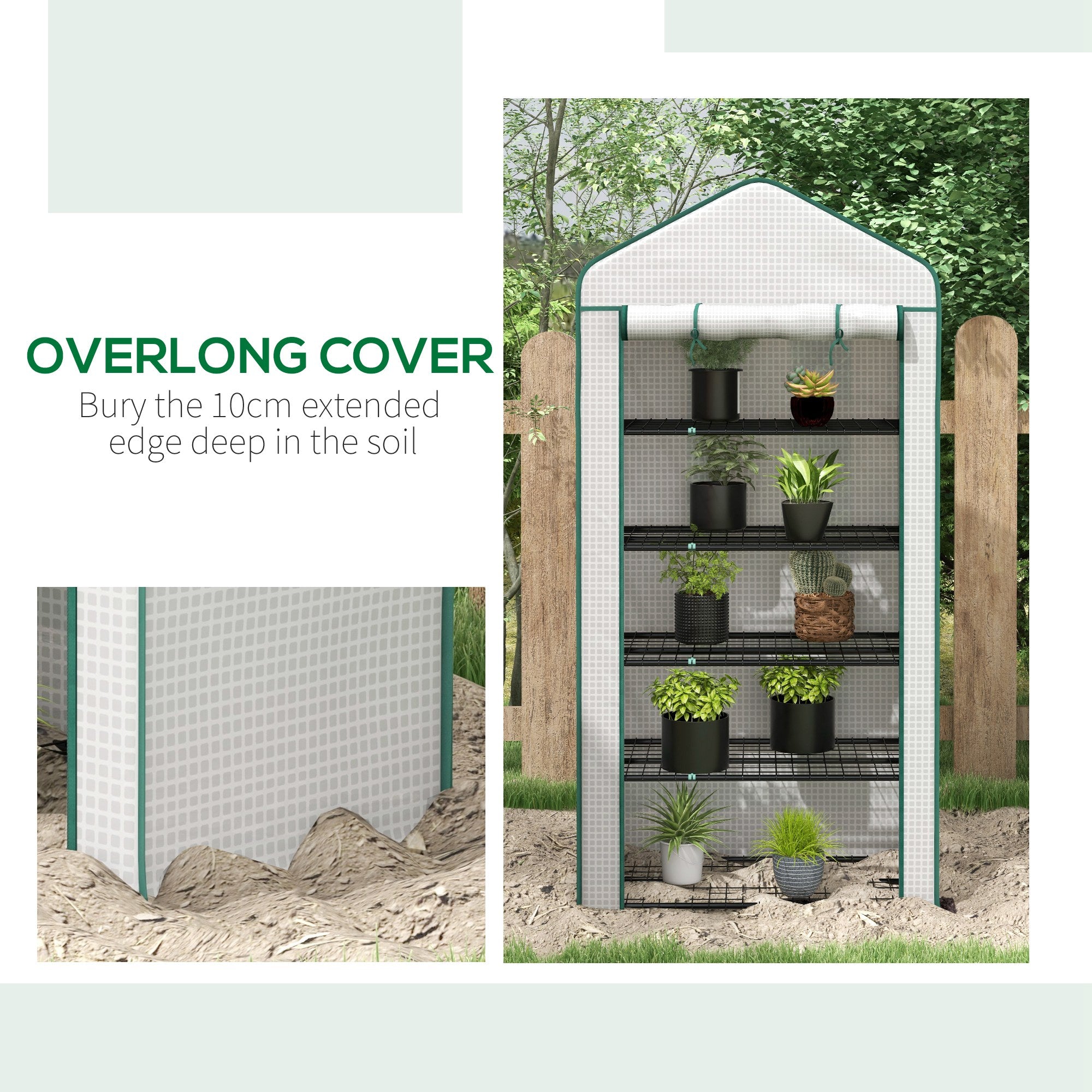 Garden Greenhouse with 5 Shelves, Balcony Greenhouse, Reinforced 135 g/m² Tarpaulin, Steel Frame, Roll-Up Zippered Door, for Vegetables Plants Flowers, 90x49x193cm, White