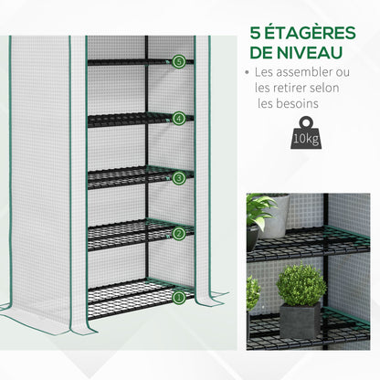 Garden Greenhouse with 5 Shelves, Balcony Greenhouse, Reinforced 135 g/m² Tarpaulin, Steel Frame, Roll-Up Zippered Door, for Vegetables Plants Flowers, 90x49x193cm, White