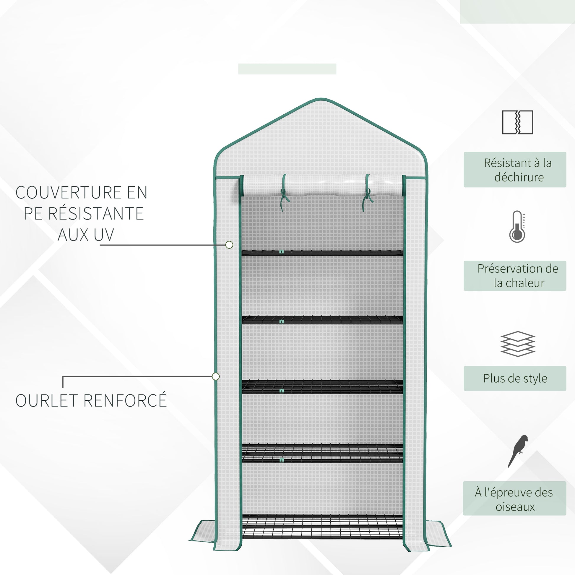 Garden Greenhouse with 5 Shelves, Balcony Greenhouse, Reinforced 135 g/m² Tarpaulin, Steel Frame, Roll-Up Zippered Door, for Vegetables Plants Flowers, 90x49x193cm, White